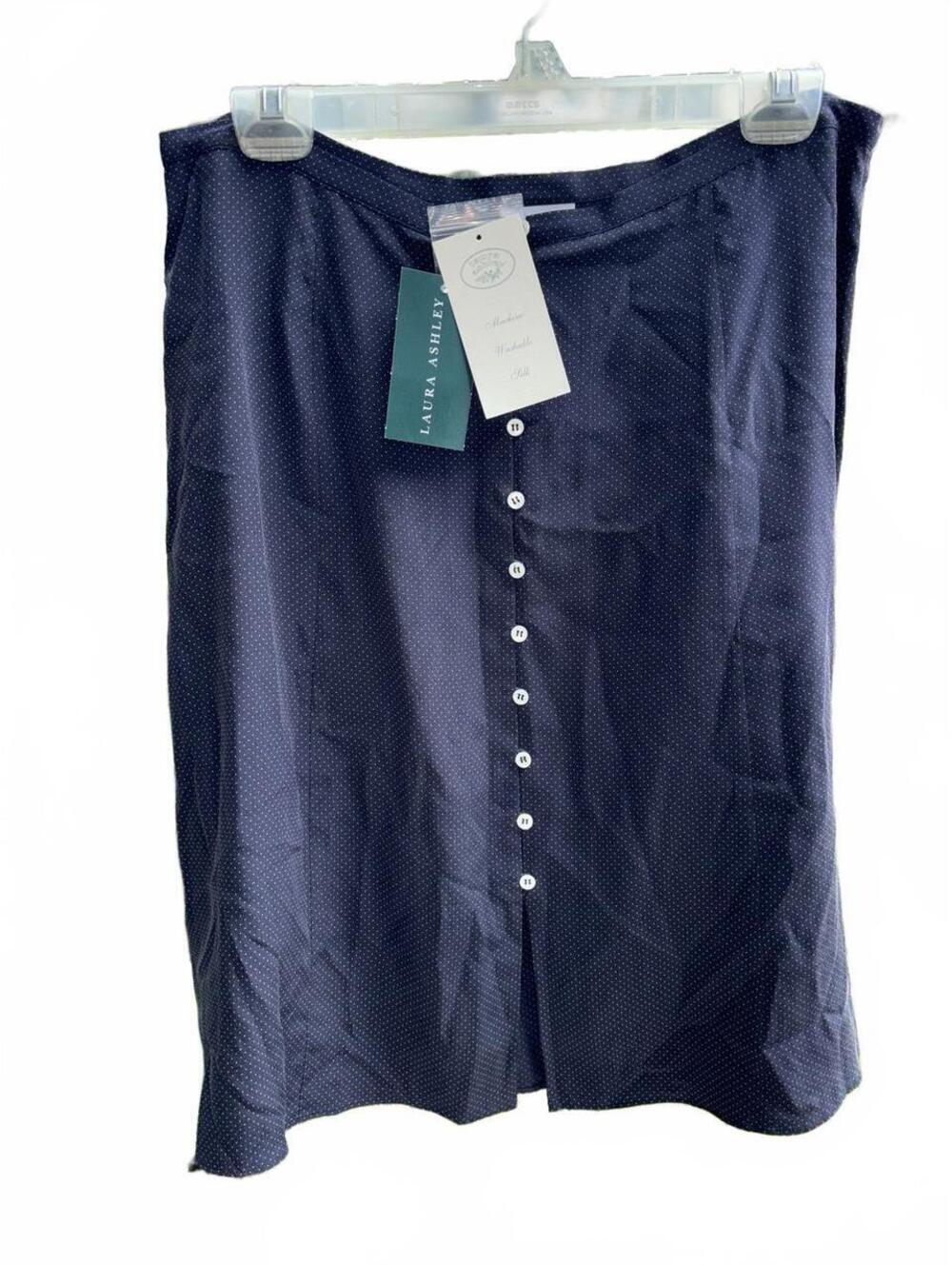 VINTAGE NWT Navy blue polka dot Laura Ashley machine washable silk skirt